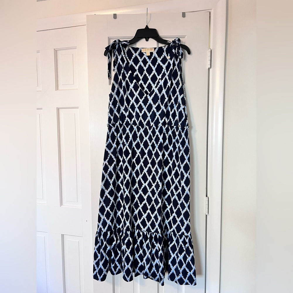 Michael Kors Navy and White Geometric Tie-Shoulder Midi Dress